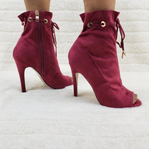 Burgundy Wine Red Drawstring Open Toe High Heel Ankle Boots - Picture 6 of 10